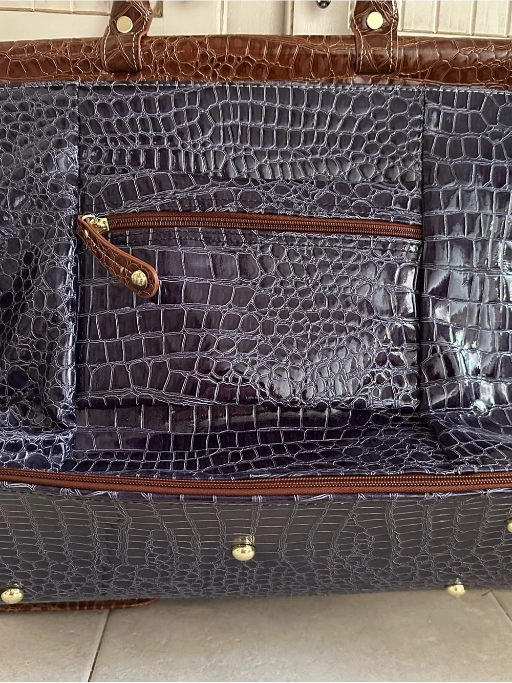 Croc-Embossed  Travel Tote in Dark Purple and Brown Trim by Samantha Brown